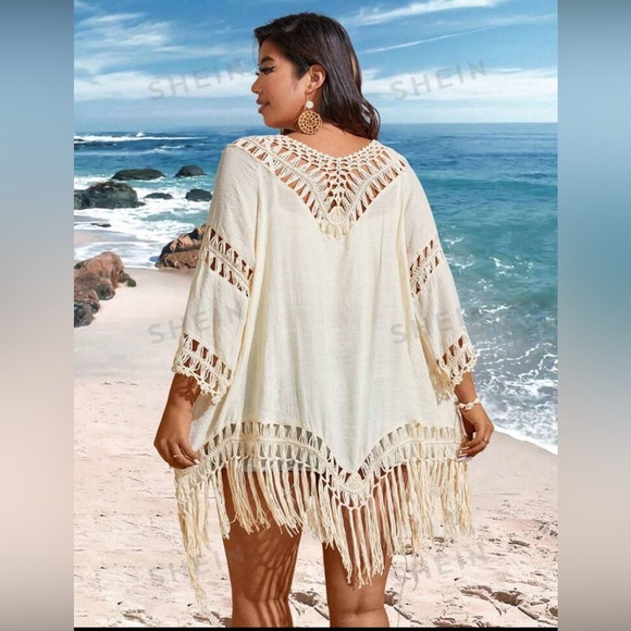 Plus Size Women’s 2X Cream colored Hollow Out Tassel Kimono Cover - Picture 11 of 12